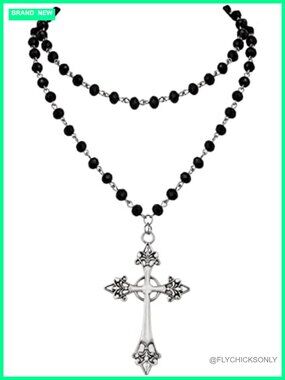 Layered Cross Necklace Zinc Alloy Black Onyx Bead Choker Gothic Y2K